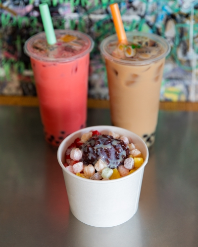 Diamond Ice with Red Bean, Mochi, and Fresh Fruit and Boba Tea from The Street Boba in Mesa AZ