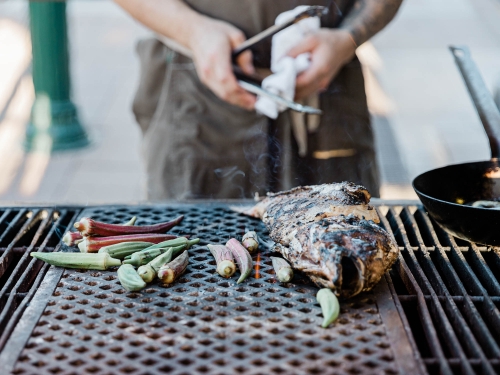 Whole Grilled Red Snapper and okra cooked streetside at Espiritu in Mesa AZ